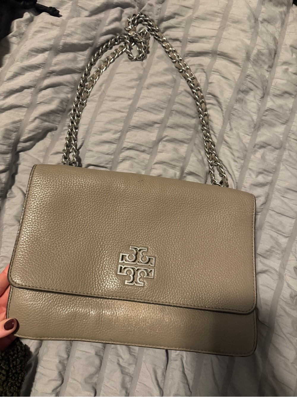 Tory Burch Taupe Pebbled Leather Chain Shoulder Bag